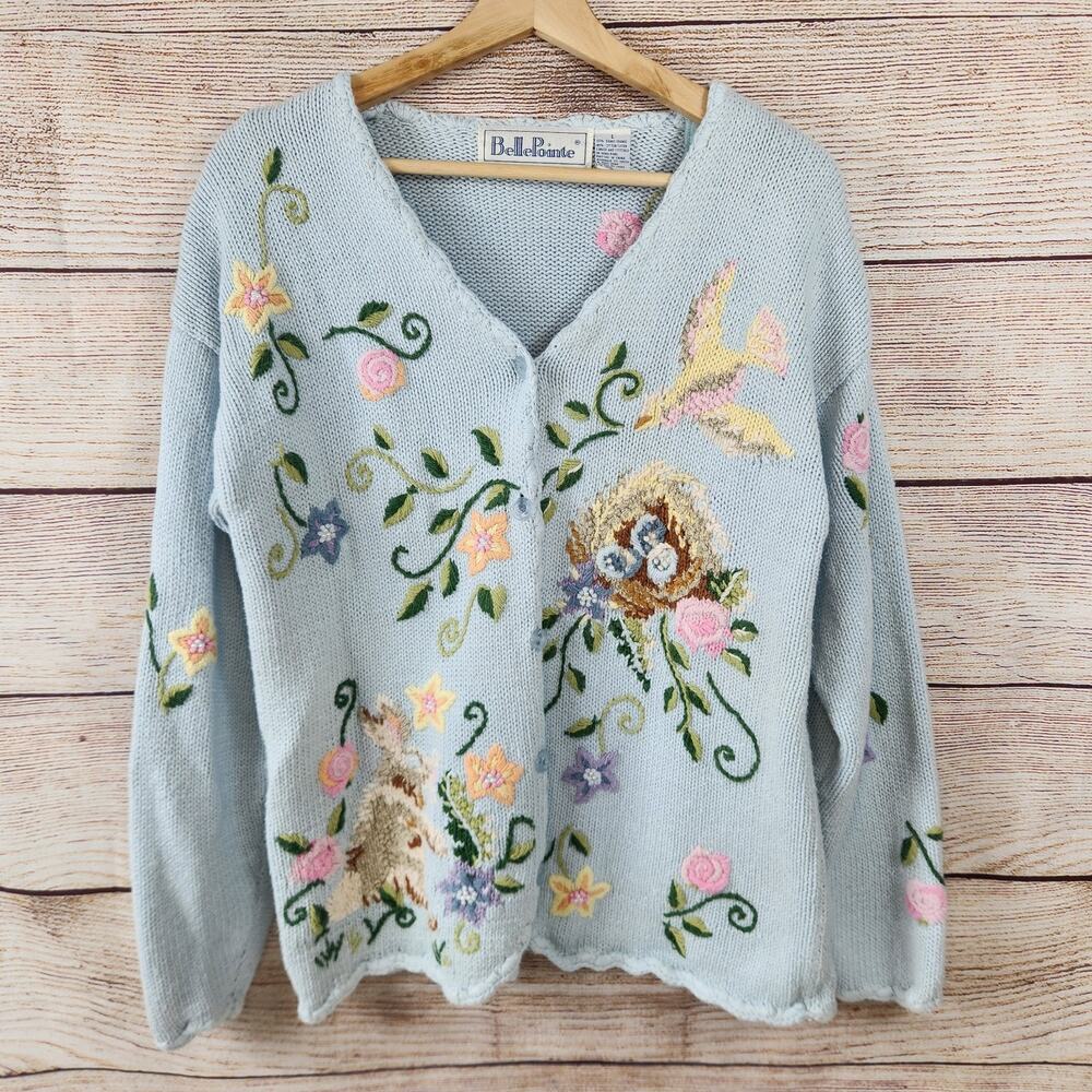 VTG Belle Pointe Hand Knit Large Spring Sweater Cardigan Bunny Nest Garden